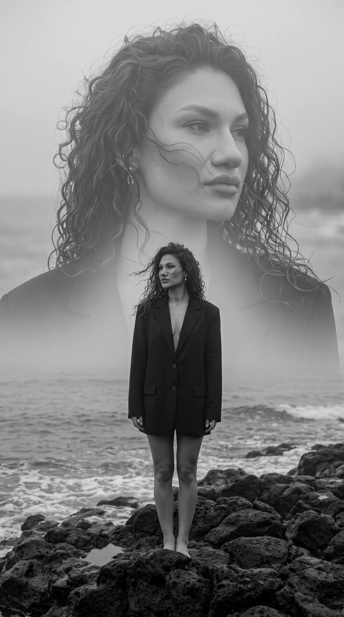 Monochrome Double-Exposure Editorial Portrait output 1