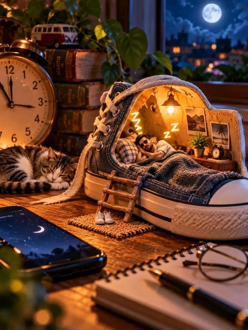 Miniature Sneaker-Bed Bedroom at Night