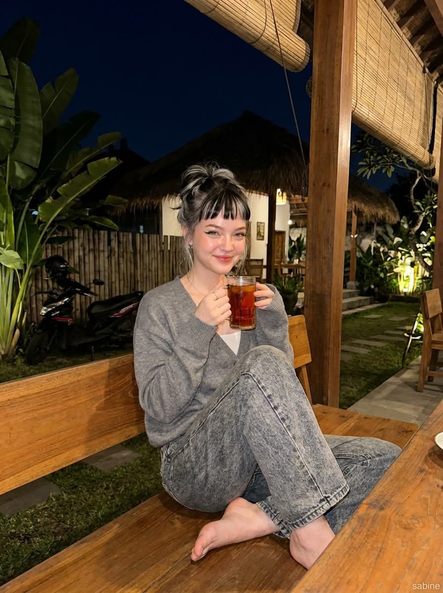 Candid Nighttime Portrait at a Rustic Tropical Café output 3
