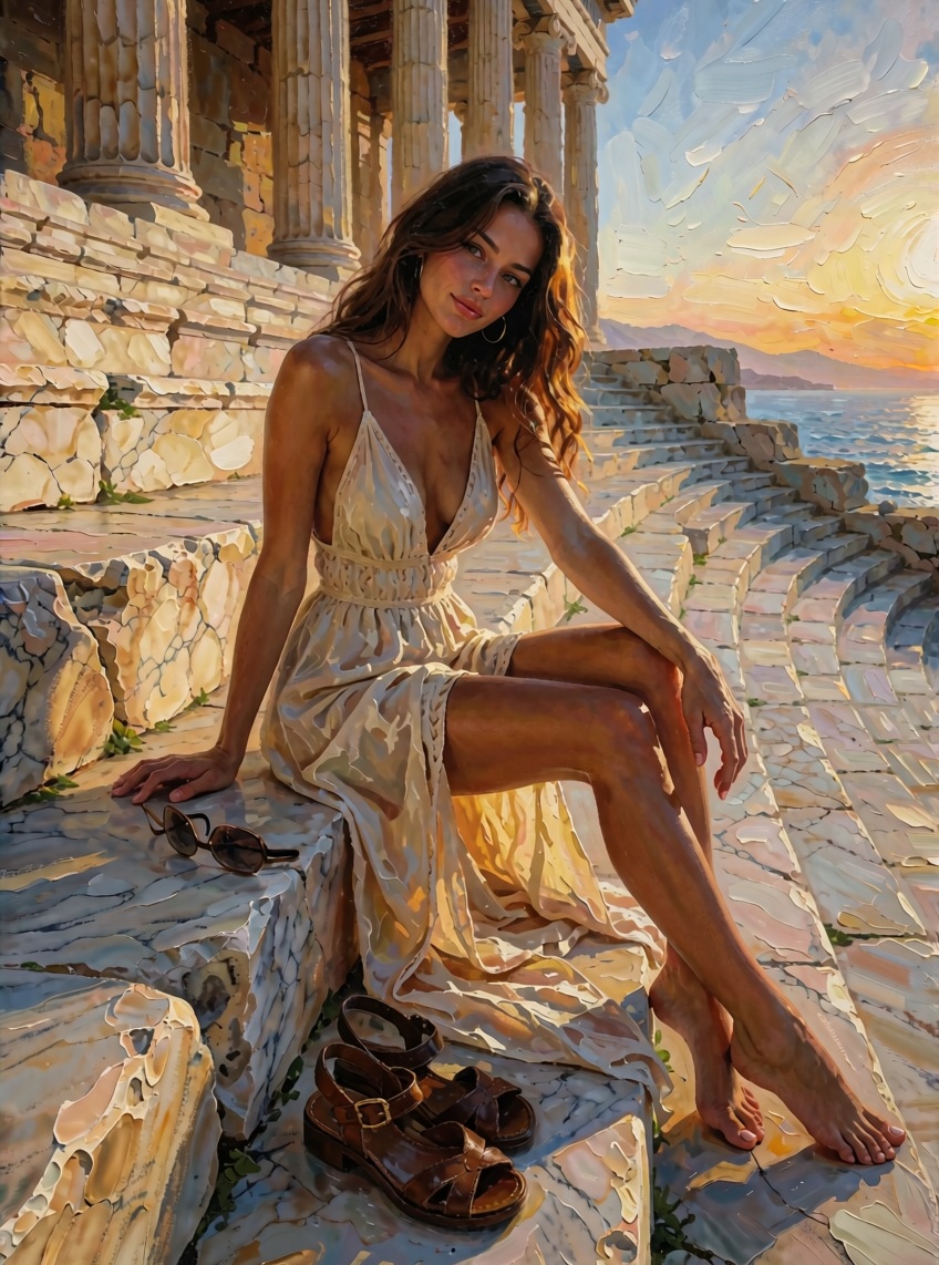 Golden-Hour Oil Painting at an Ancient Greek Amphitheater
