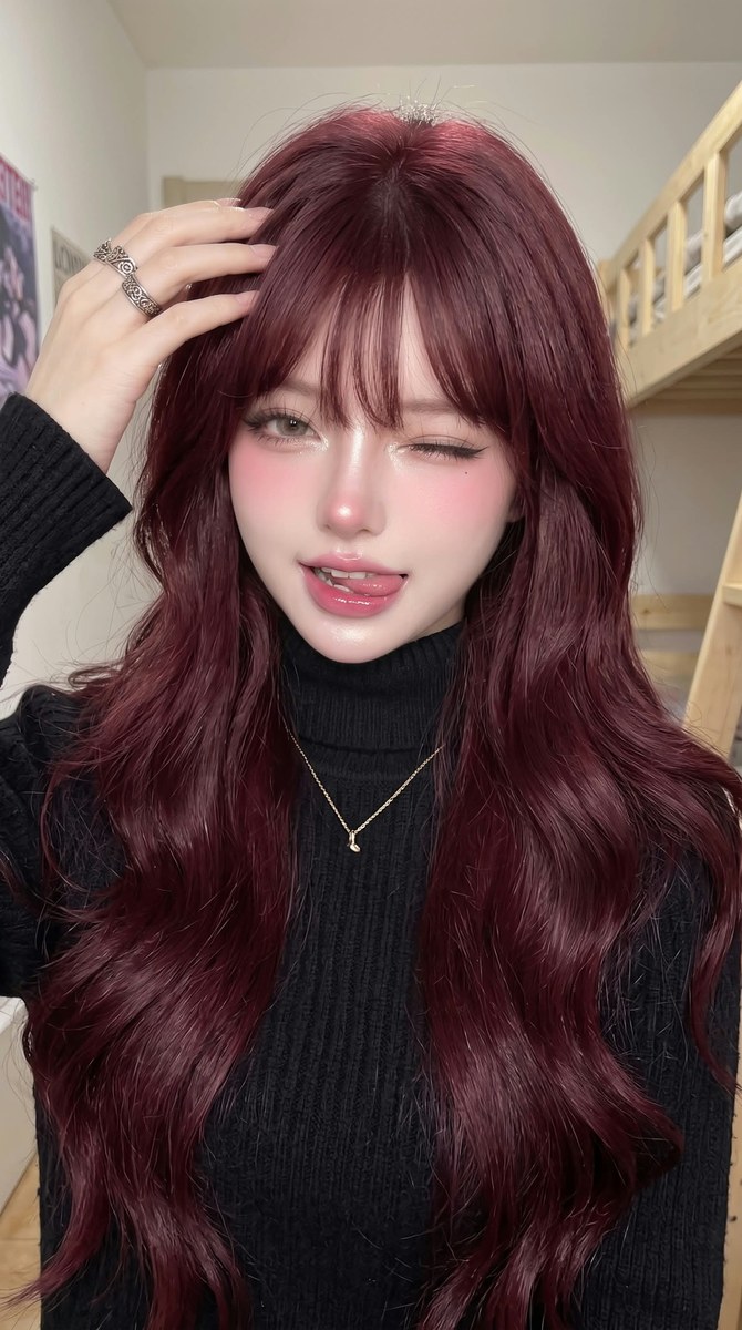 Glossy Burgundy-Hair Portrait with Douyin Makeup output 2