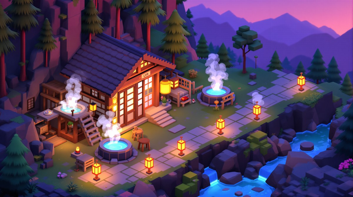 Isometric Voxel Game Scene of a Mountain Hot Spring Inn