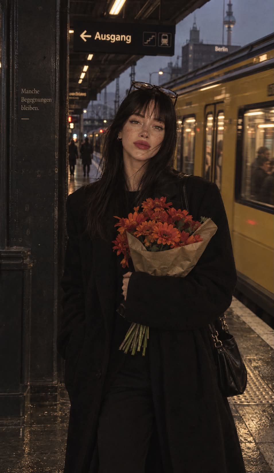Woman on a Train Platform with Flowers output 3