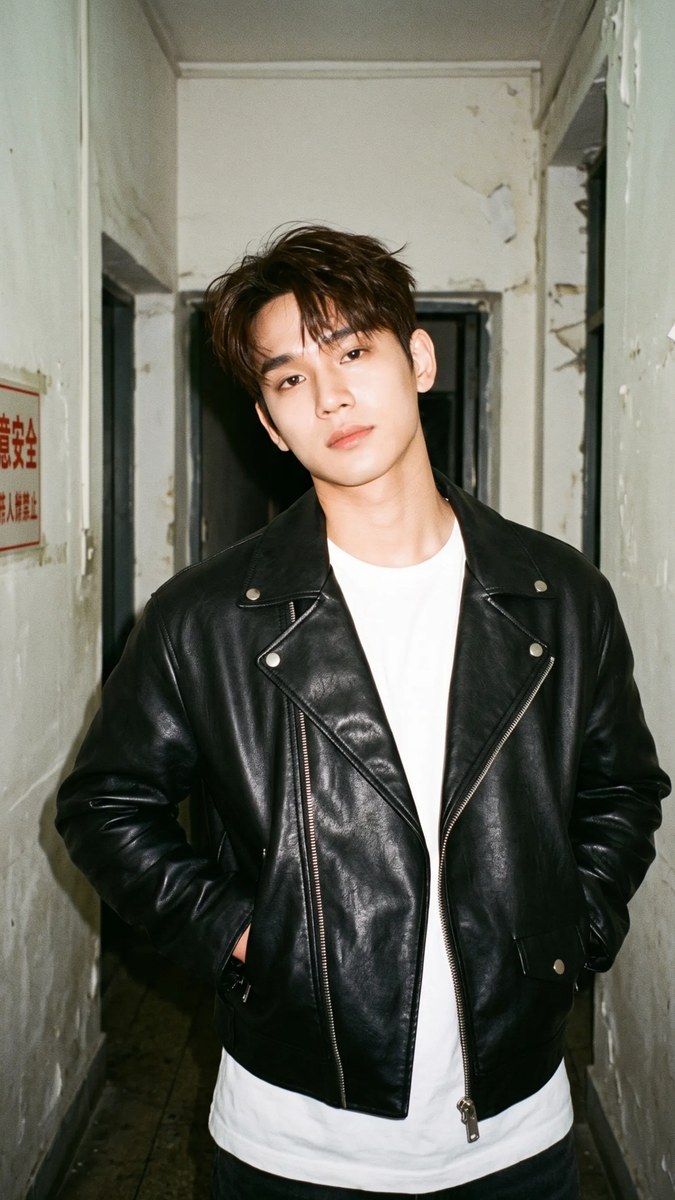 Identity-Locked Leather Jacket Flash Portrait output 1