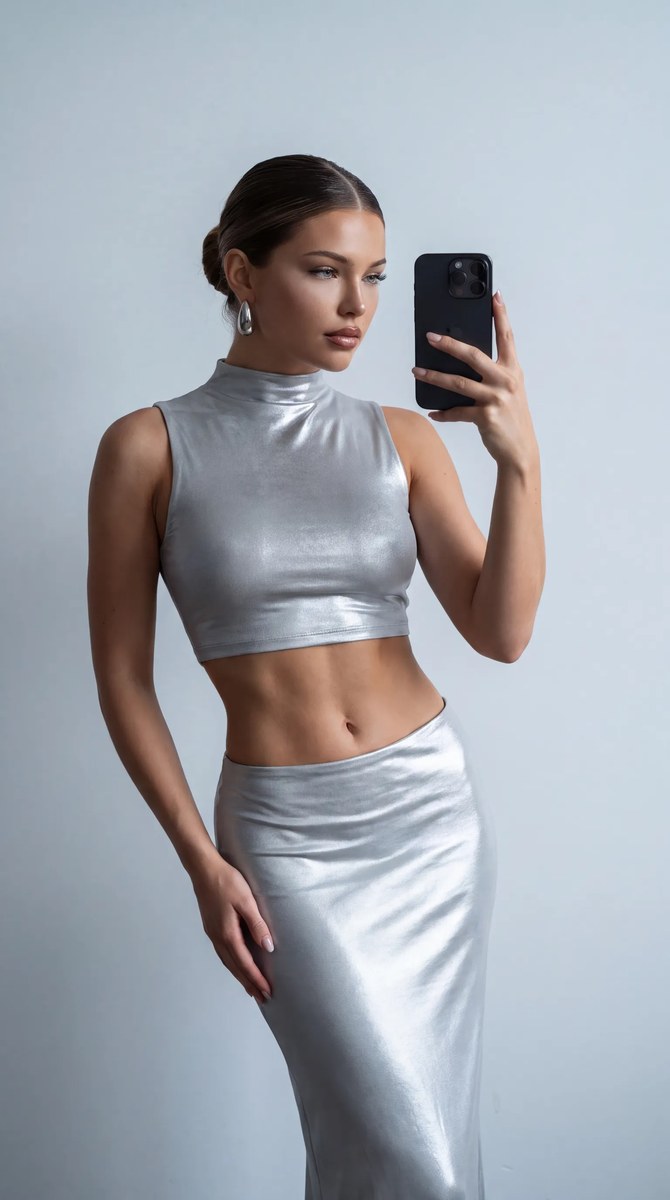 Silver Outfit Studio Mirror Selfie