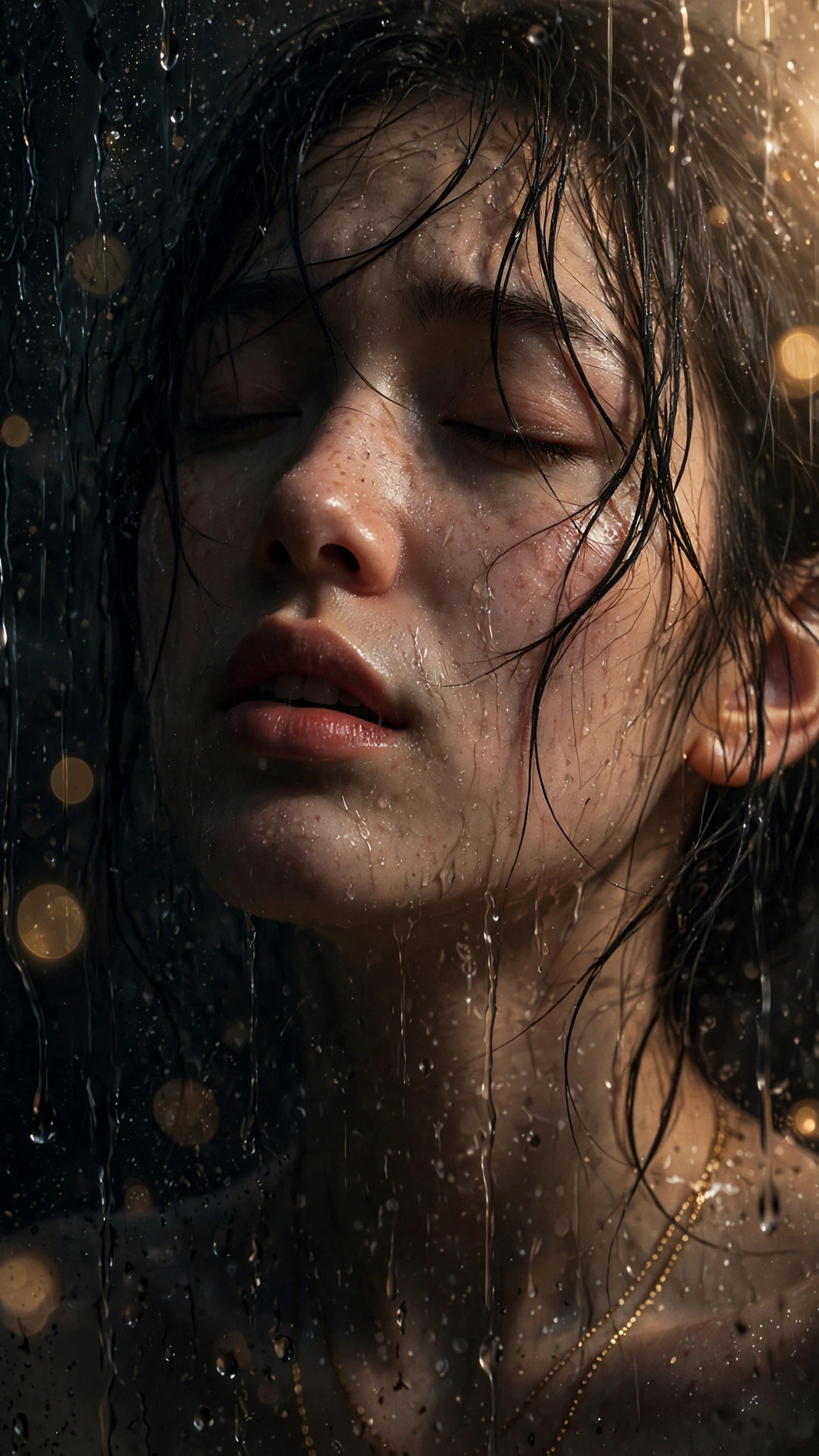 Rain-Soaked Close-Up Portrait Through Wet Glass