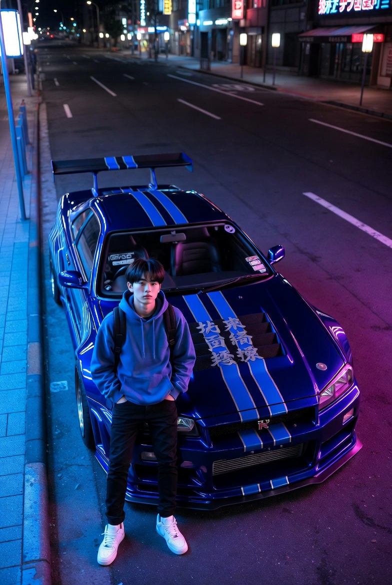 Photorealistic Tokyo Night Scene with a Man and Nissan Skyline R34