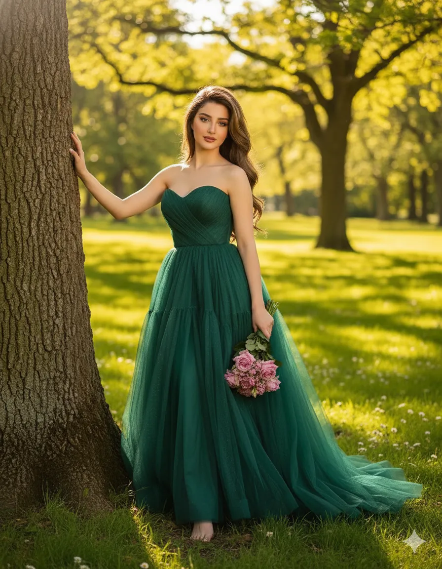 Ethereal Emerald Gown Portrait in a Sunlit Park output 1
