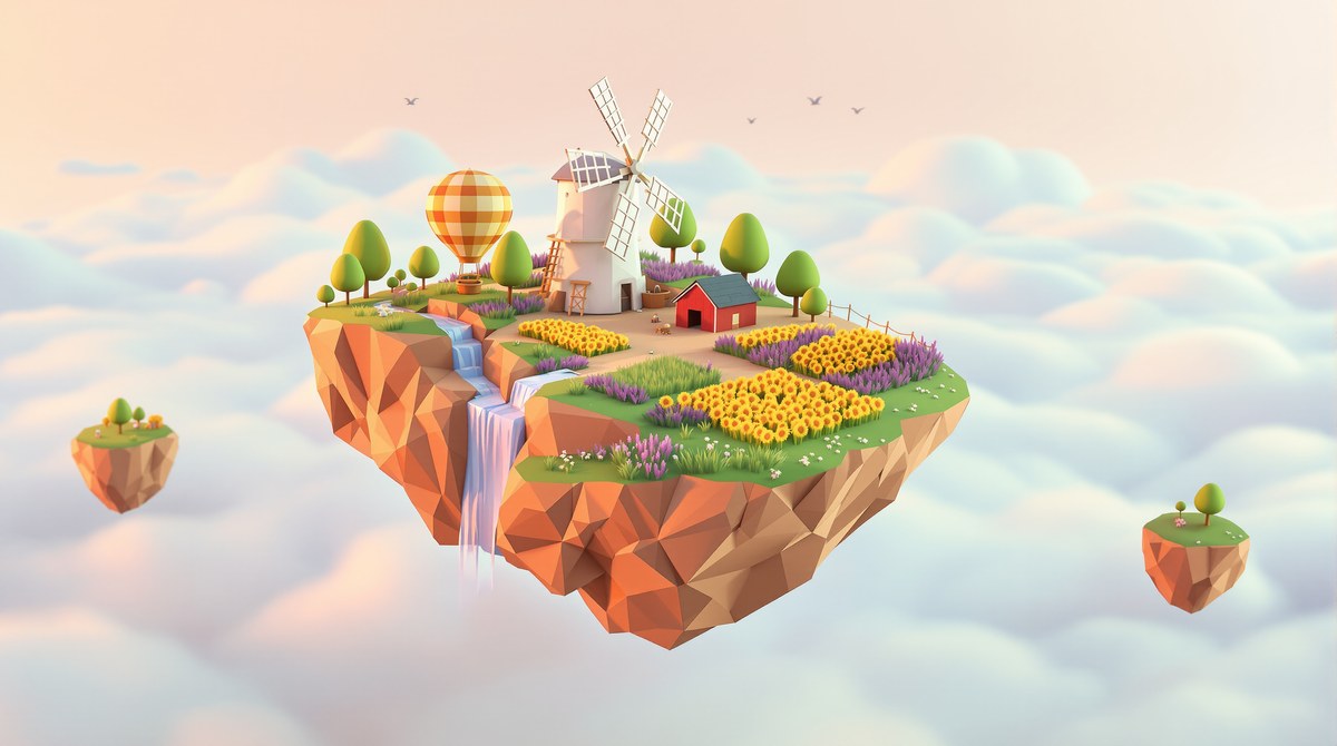 Low-Poly Floating Island Windmill Farm (3D Render)