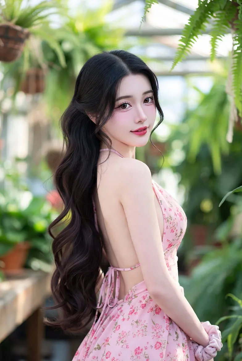 Korean Ulzzang Greenhouse Portrait — Over-the-Shoulder Pose