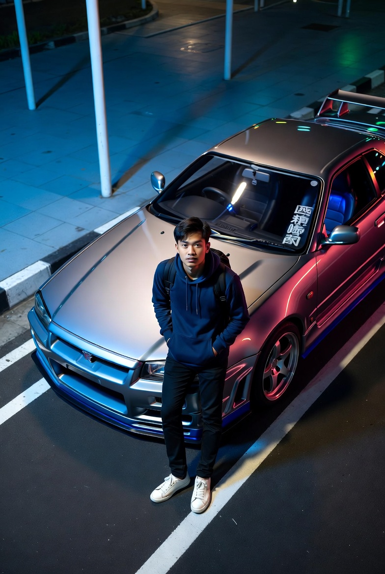 Photorealistic Nighttime Street-Racing Scene with a Young Man and Silver Sports Car