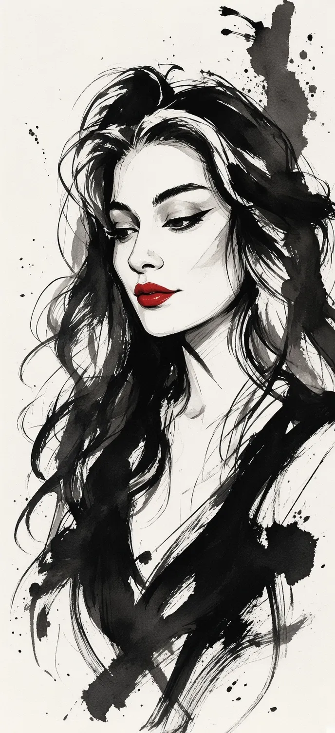 Expressive Ink Portrait with Selective Red Accents