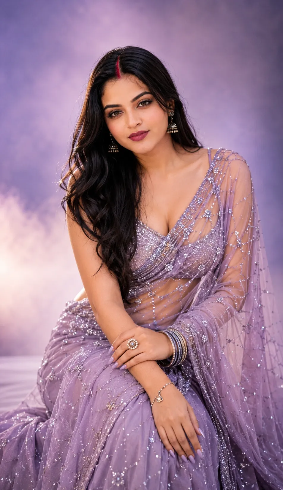 Cinematic Portrait in a Lavender-Gray Saree