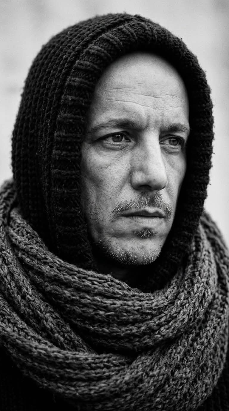 Monochrome Knitted-Hood Fashion Portrait