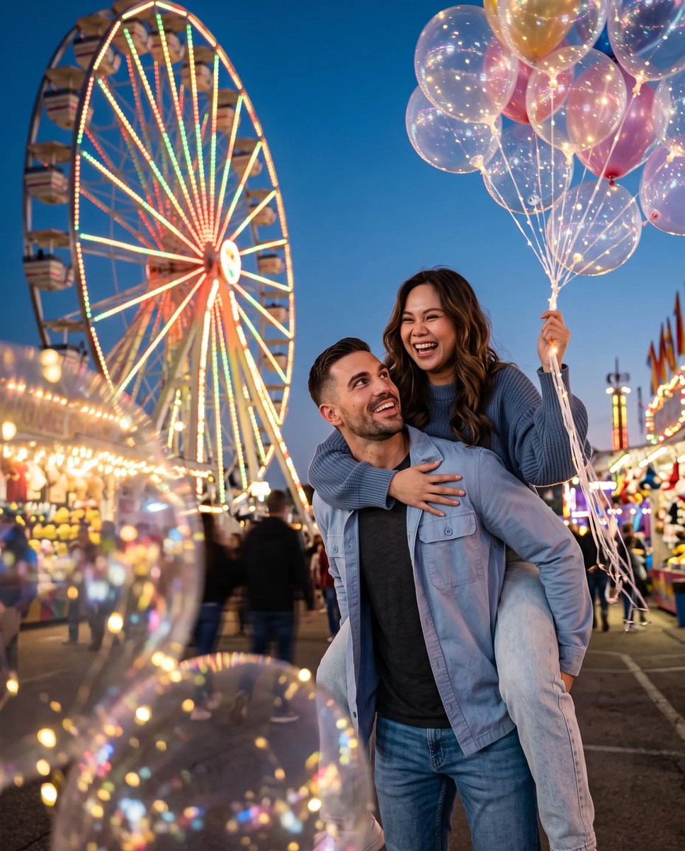 Candid Couple at a Blue-Hour Carnival