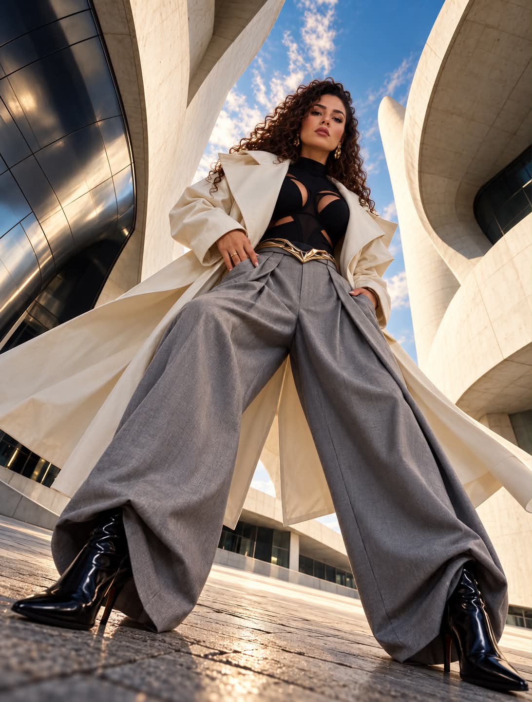 Avant-Garde Power Dressing Against Brutalist Architecture output 1