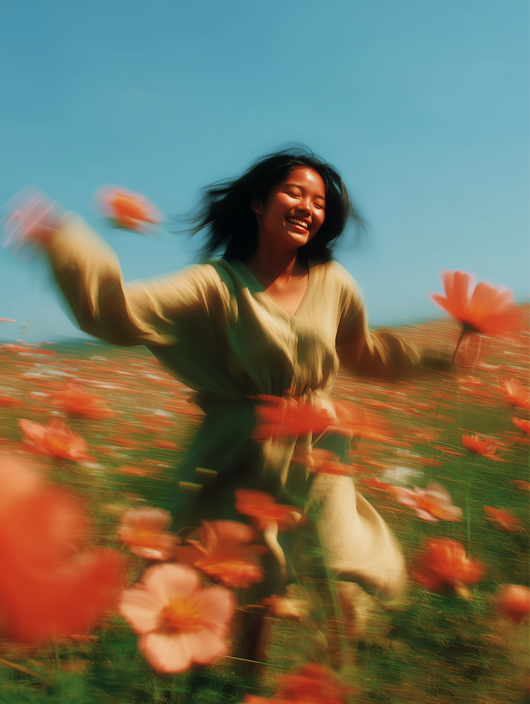 Candid Film Photograph of a Teen Dancing in a Red Flower Field