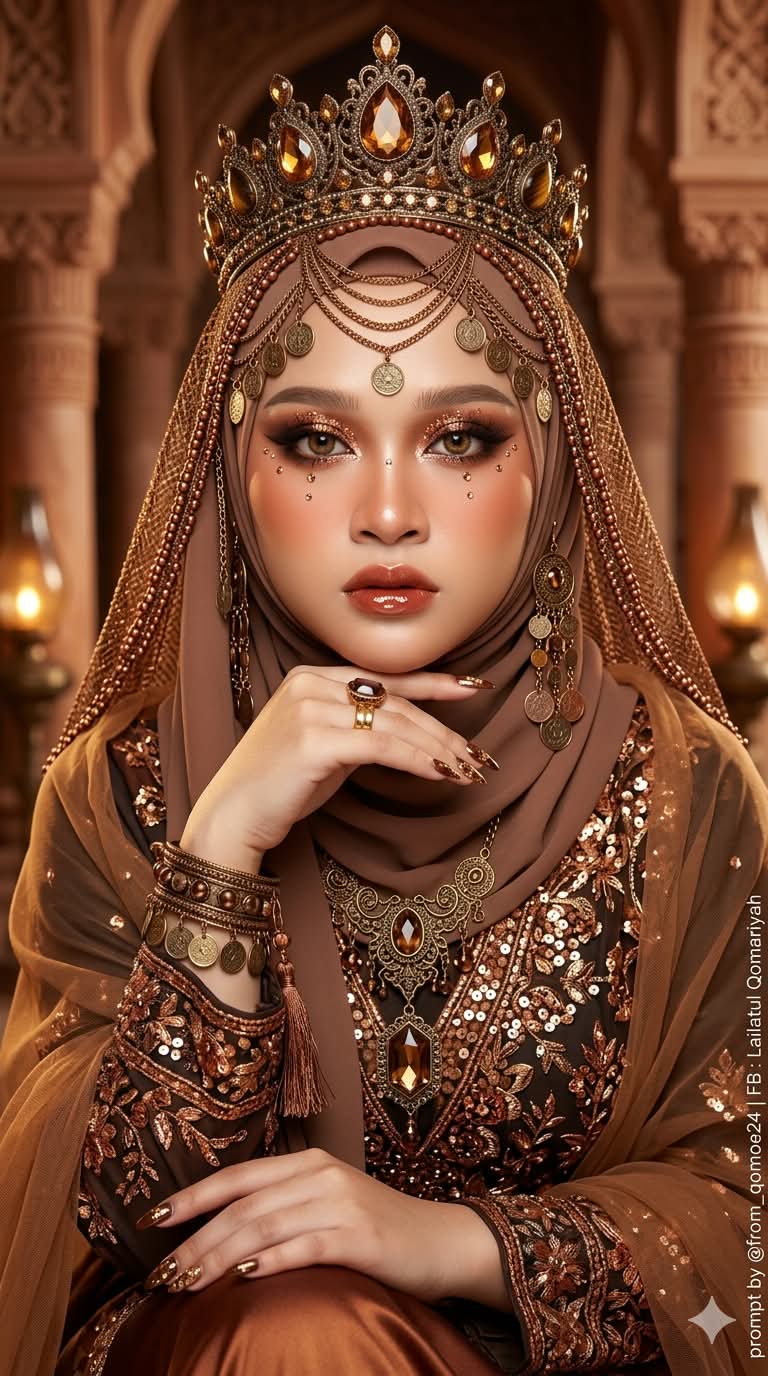Warm Cinematic Hijab Portrait with Antique-Gold Finery