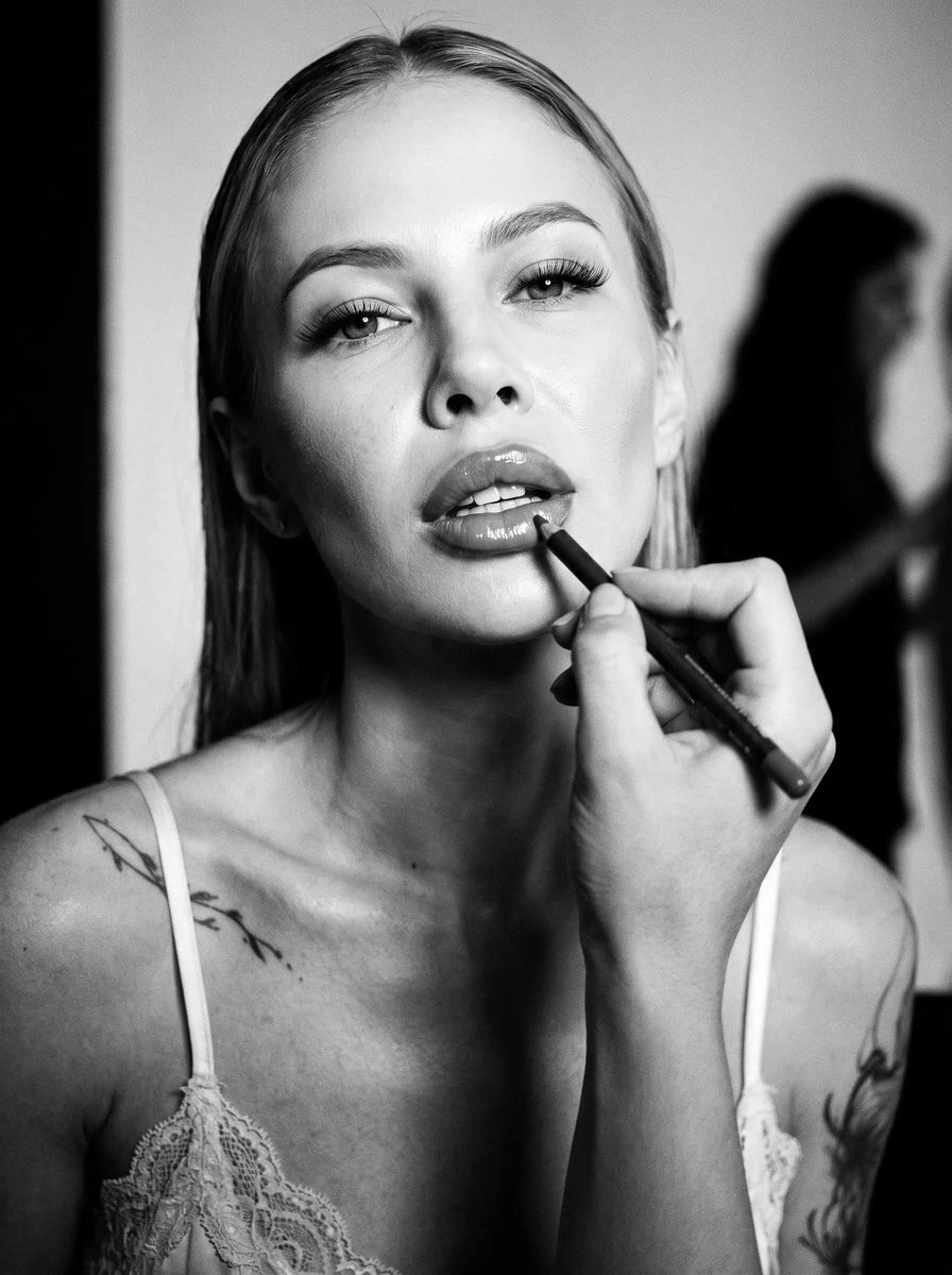 Black-and-White Backstage Makeup Portrait