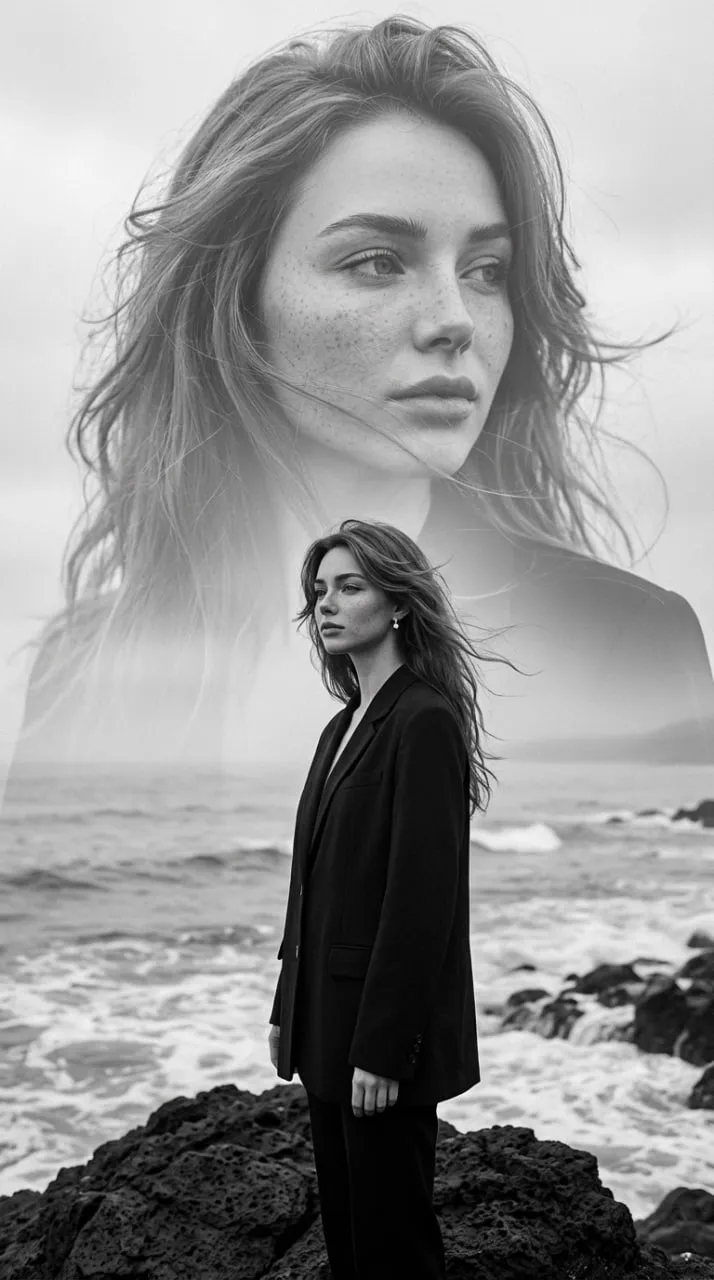 Monochrome Double-Exposure Seaside Editorial Portrait