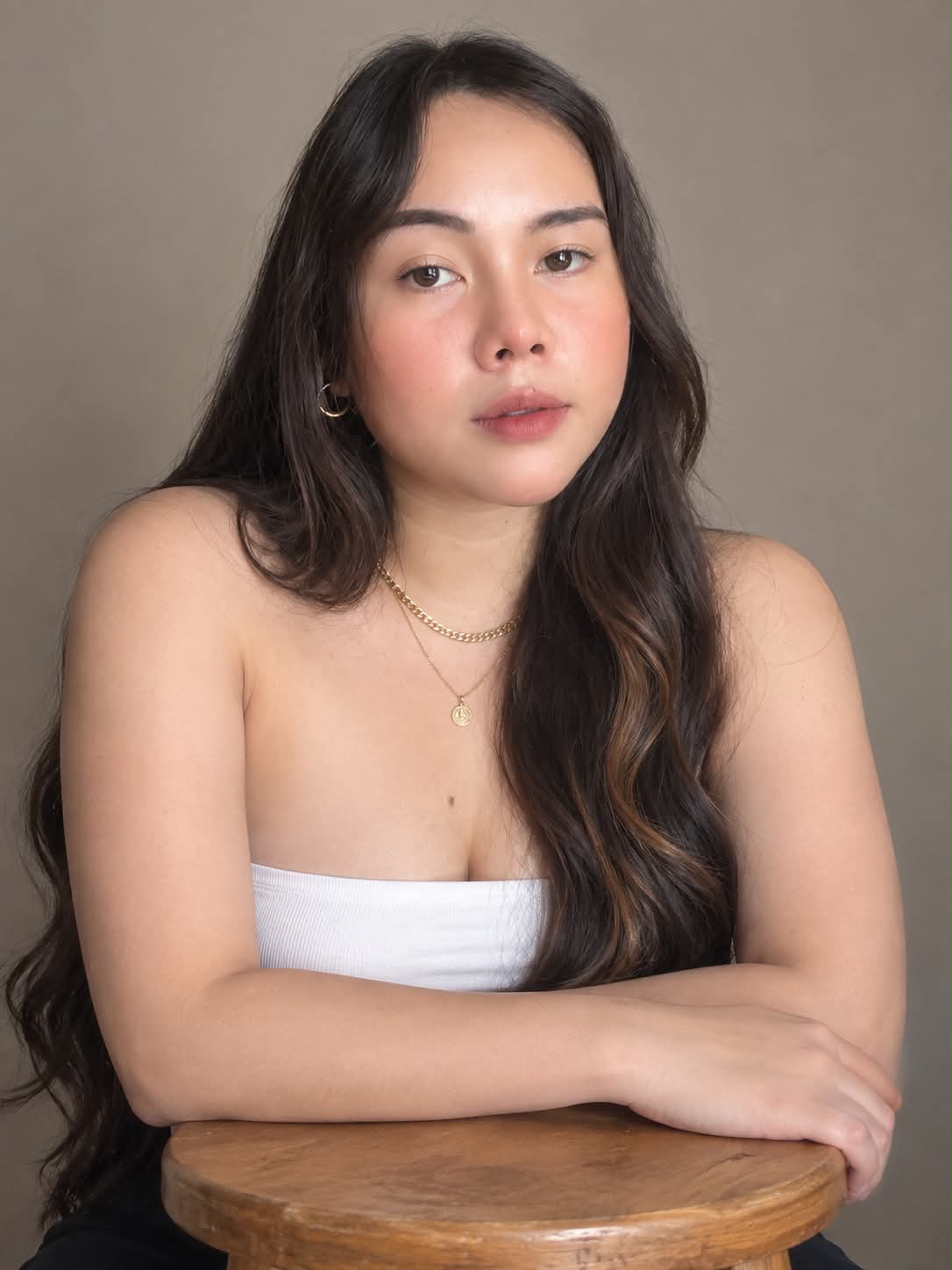 Studio Beauty Portrait with Natural Wood Stool