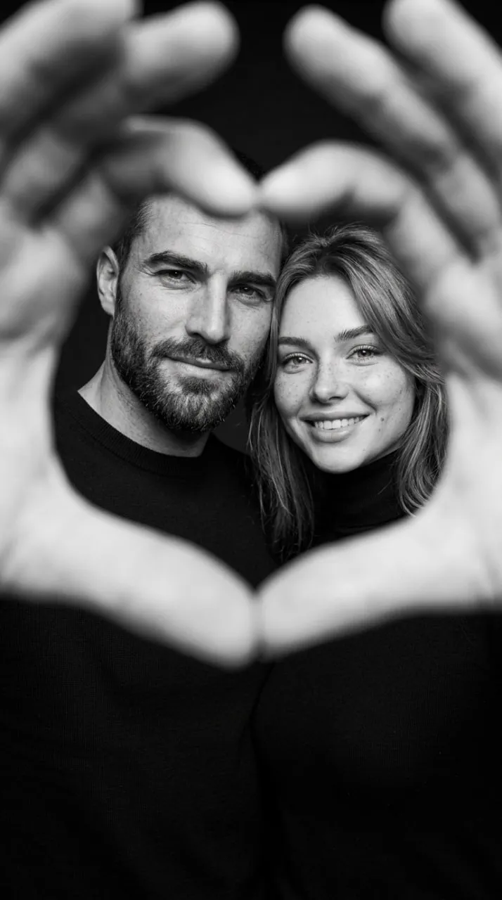 Black-and-White Couple Portrait Framed by a Heart