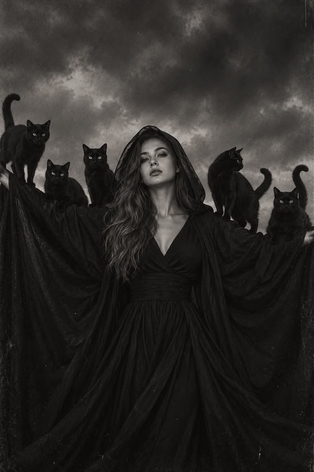 Woman in a Black Cloak with Five Cats