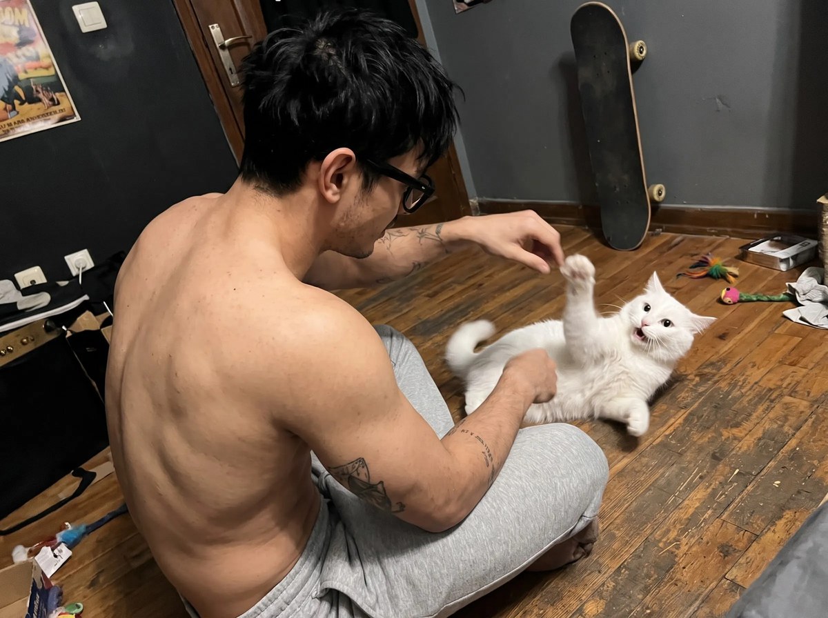 Moody Mirror Selfie with a White Cat output 2