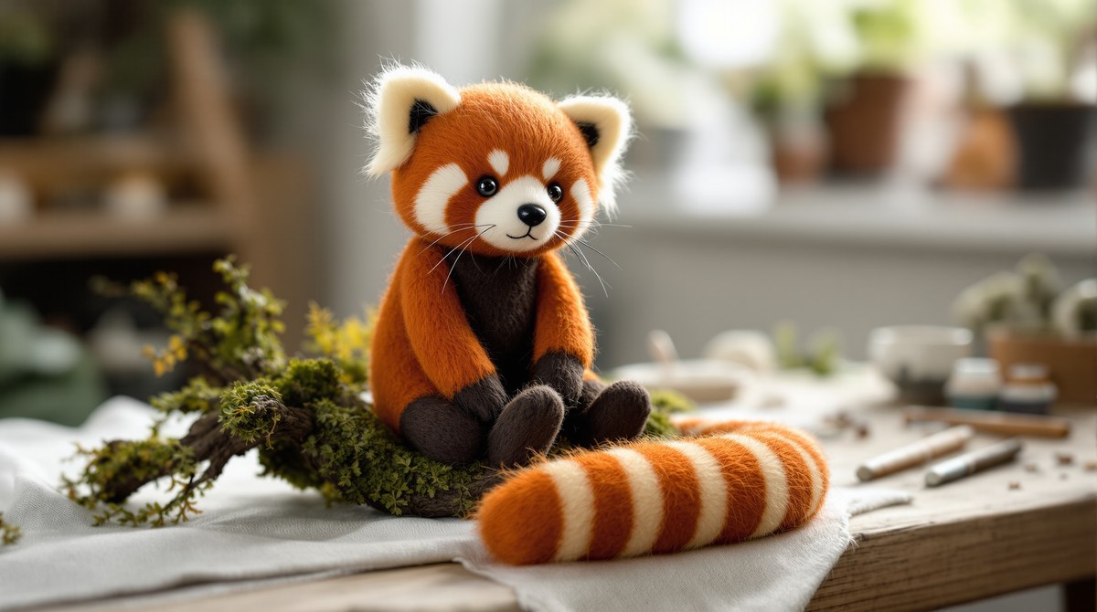 Needle-Felted Wool Red Panda on a Mossy Branch