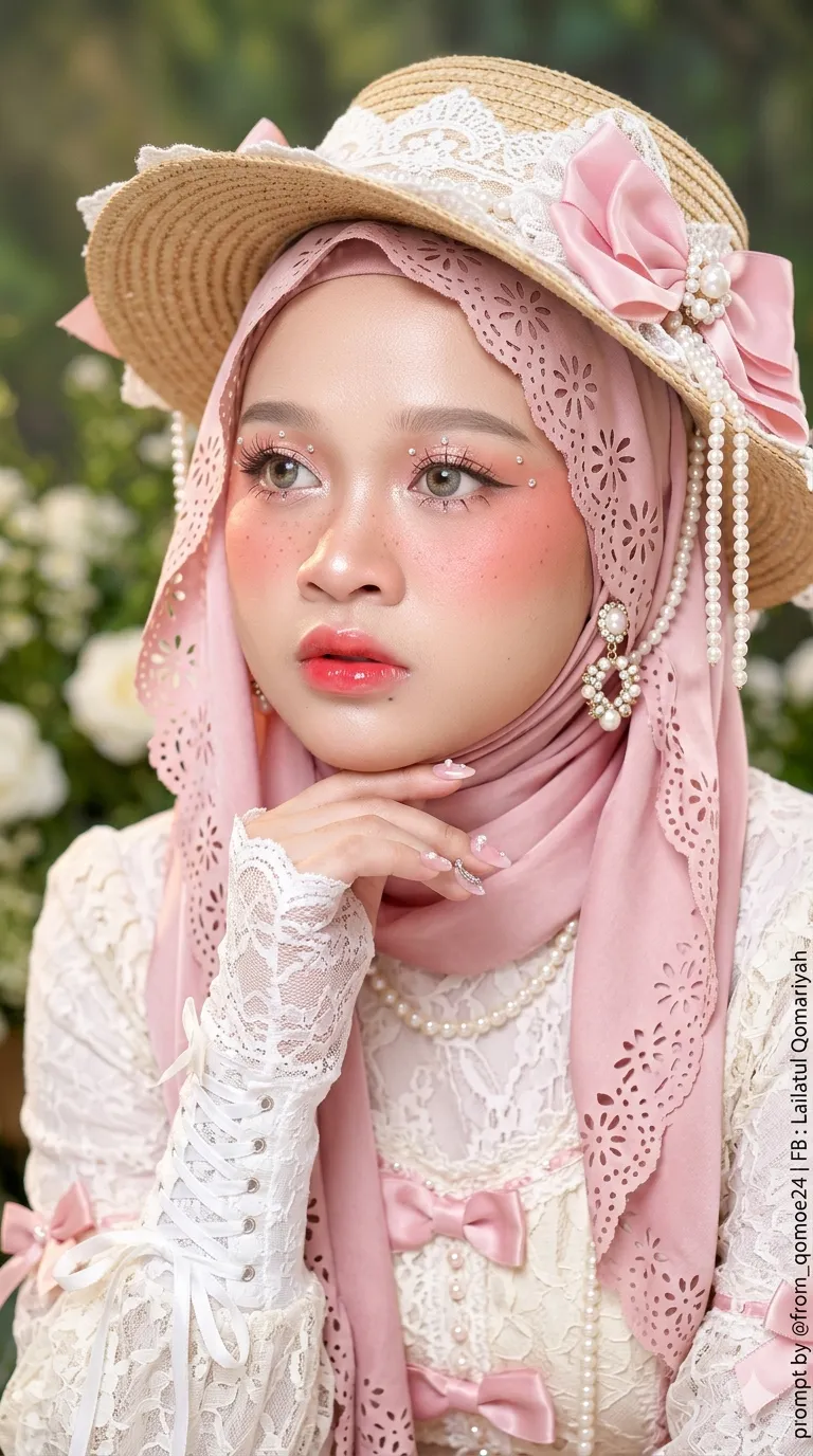 Pastel Coquette Portrait with a Satin Headscarf and Pearl Hat