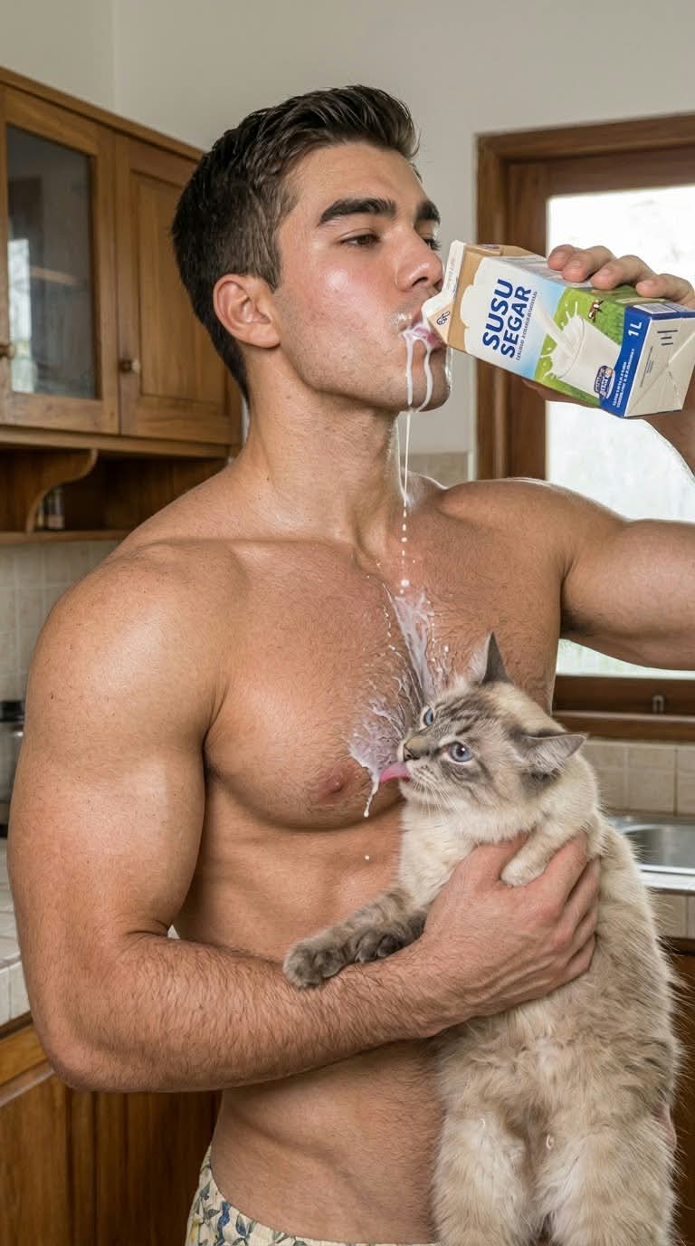 Candid Man and Siamese Cat in a Kitchen output 1