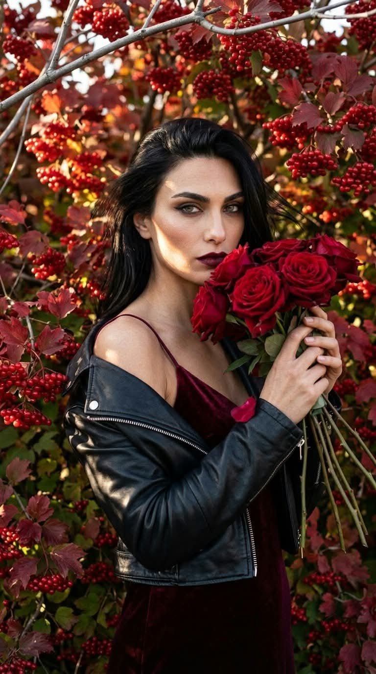 Autumn Viburnum Editorial Portrait with Crimson Roses