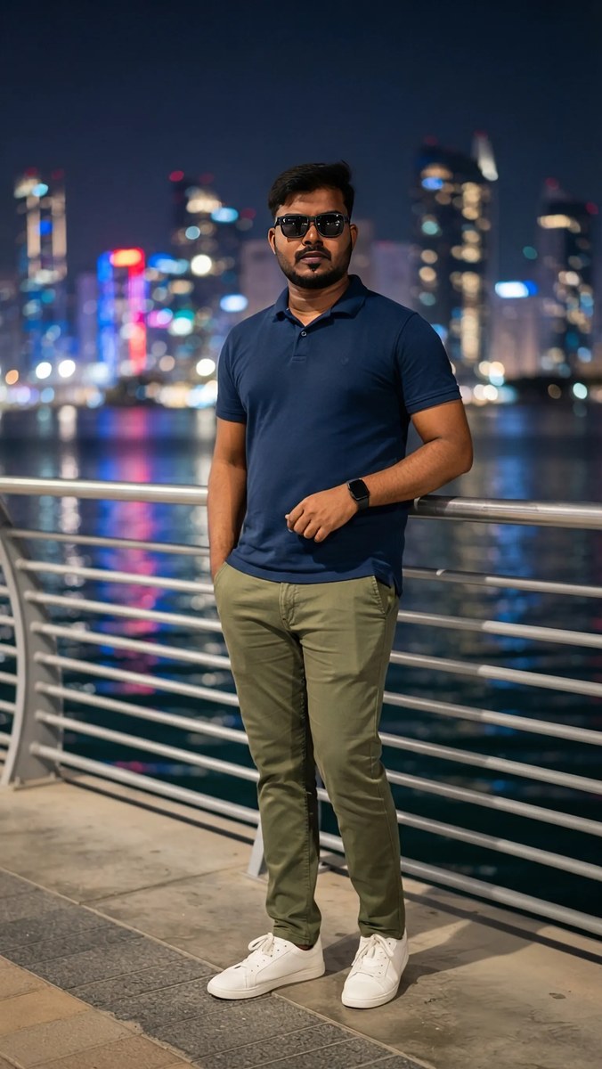 Ultra-Realistic Nighttime Waterfront Portrait output 1