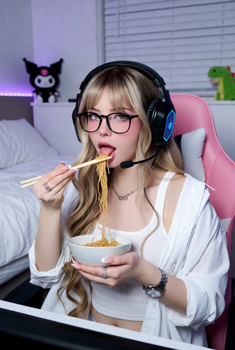 Y2K Gamer Girl Eating Noodles at a Cozy Gaming Desk