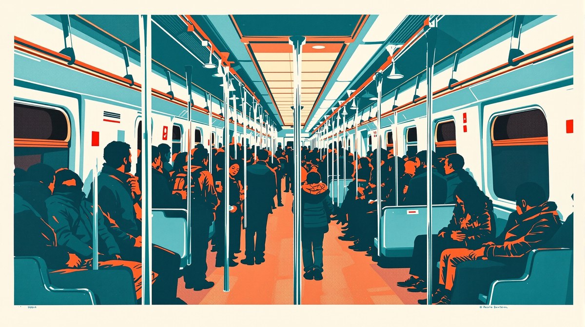Risograph Print of a Crowded Night Train Carriage