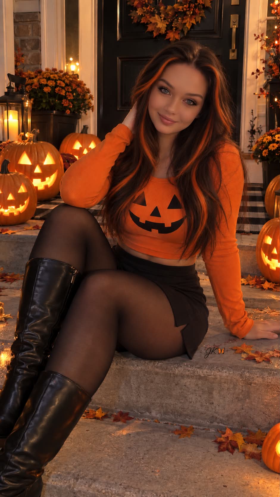 Smiling Halloween Portrait on Decorated Porch Steps