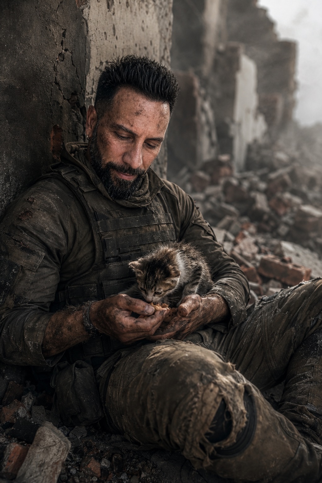 Kindness in the Struggle — Cinematic Soldier and Kitten Portrait
