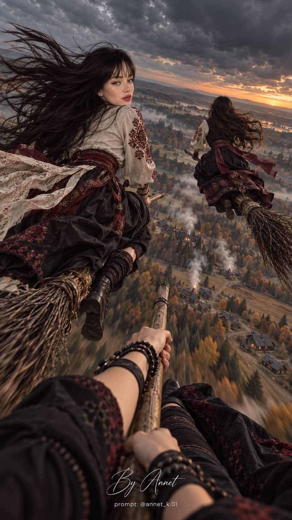 First-Person Flight with Two Witches on Brooms