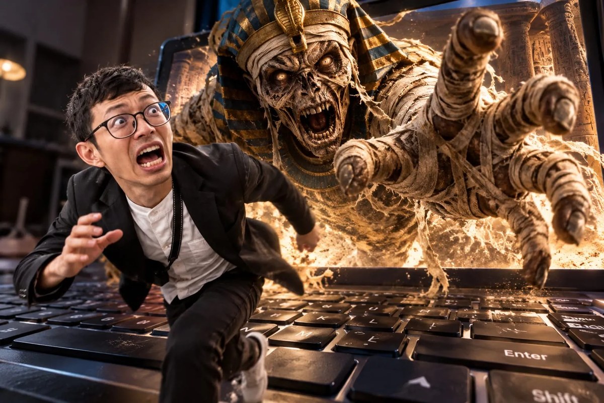 Terrified Boy Fleeing a Mummy Across a Giant Laptop