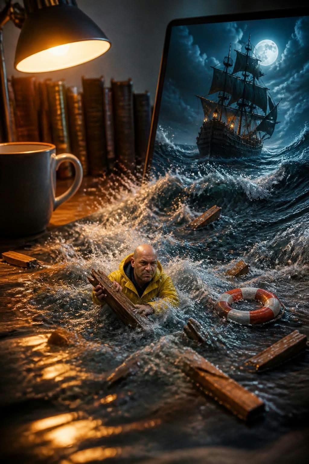 Miniature Man Swept by a Storm from a Laptop