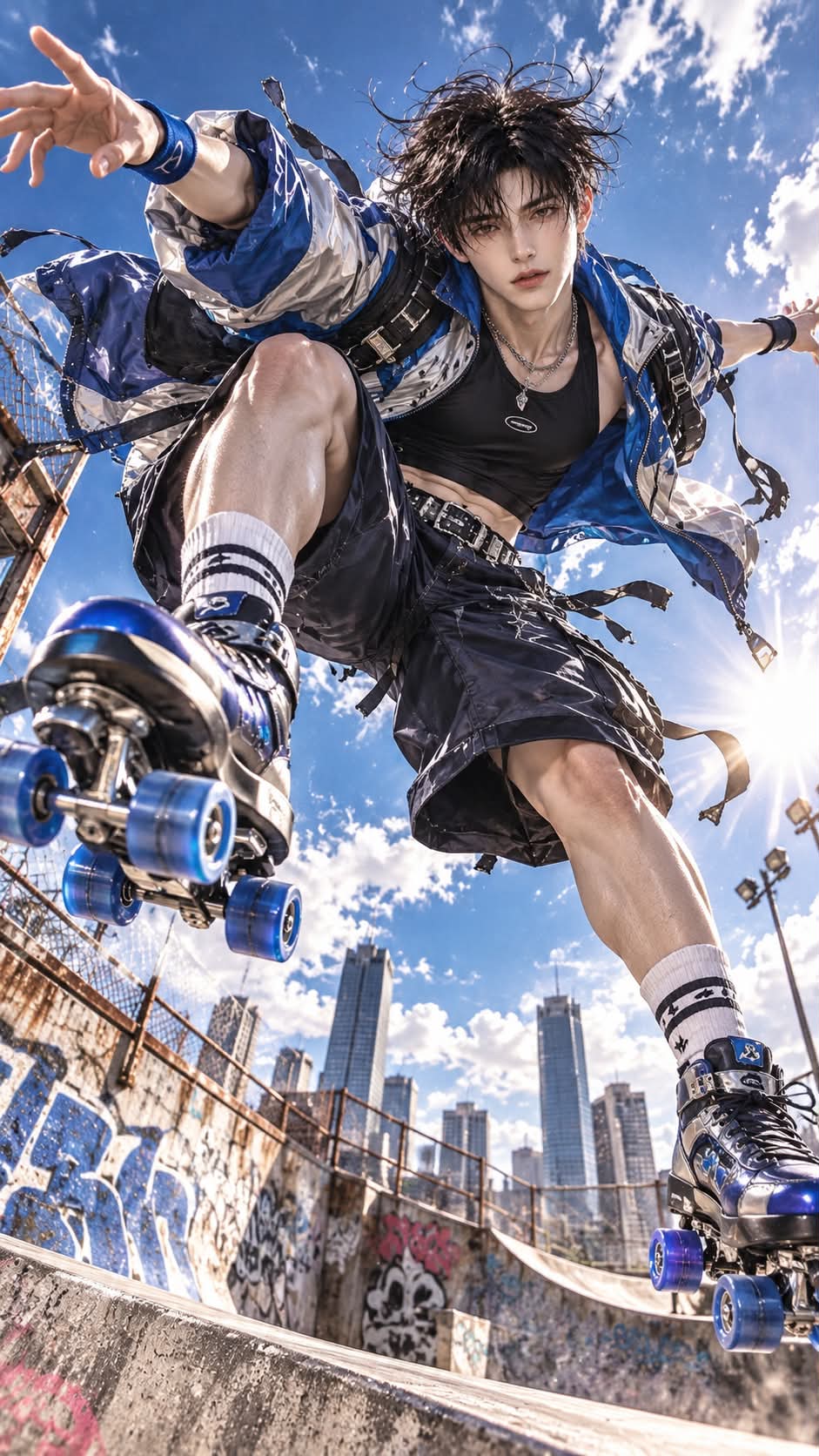 Y2K Roller Skater Soaring Above a Skatepark