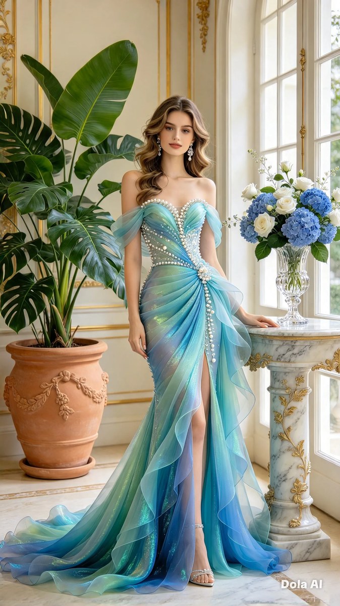 Photorealistic Mermaid Gown in a Cream-and-Gold Interior output 2