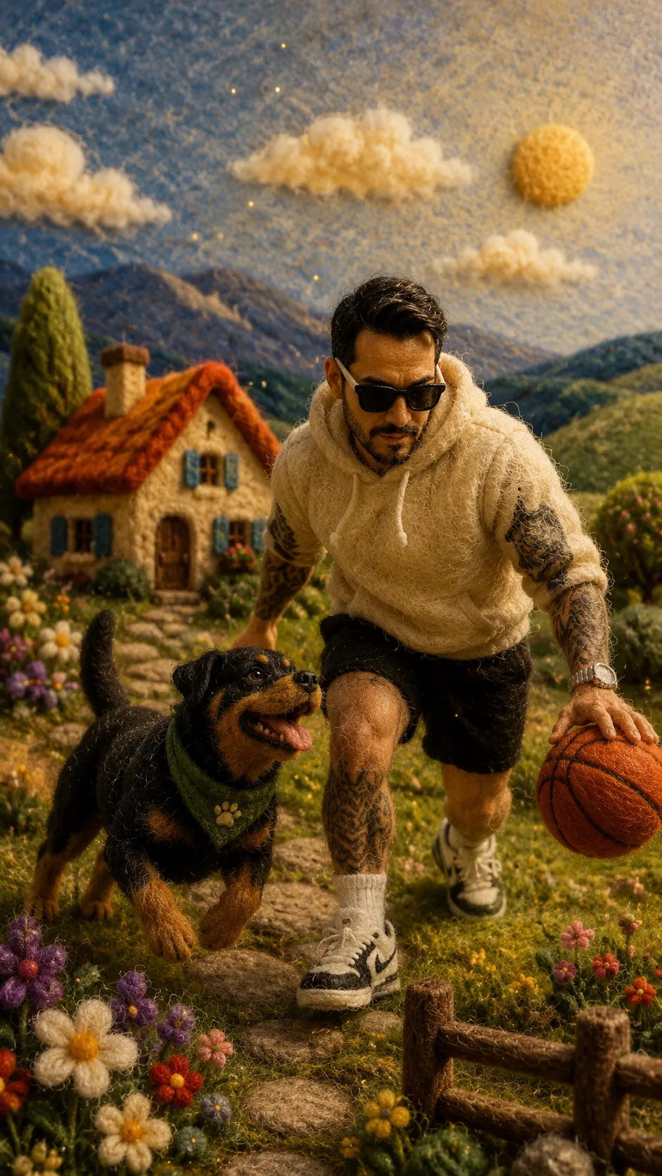Joyful Needle-Felted Basketball Scene with a Rottweiler output 2