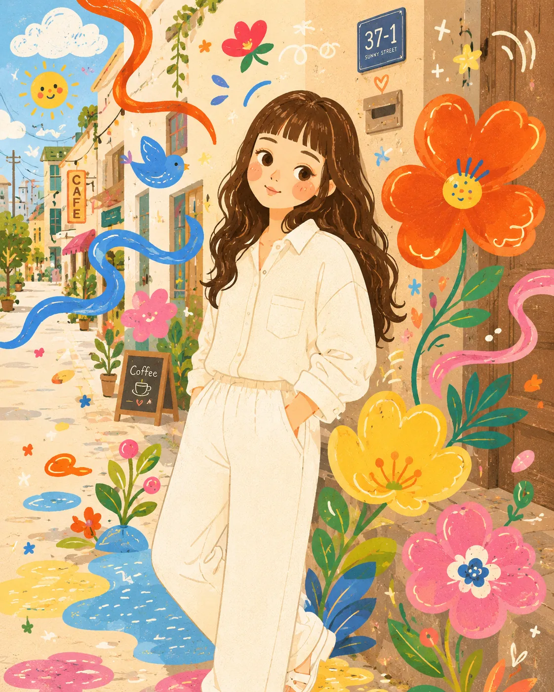 Whimsical Folk Doodle Mixed-Media Street Portrait