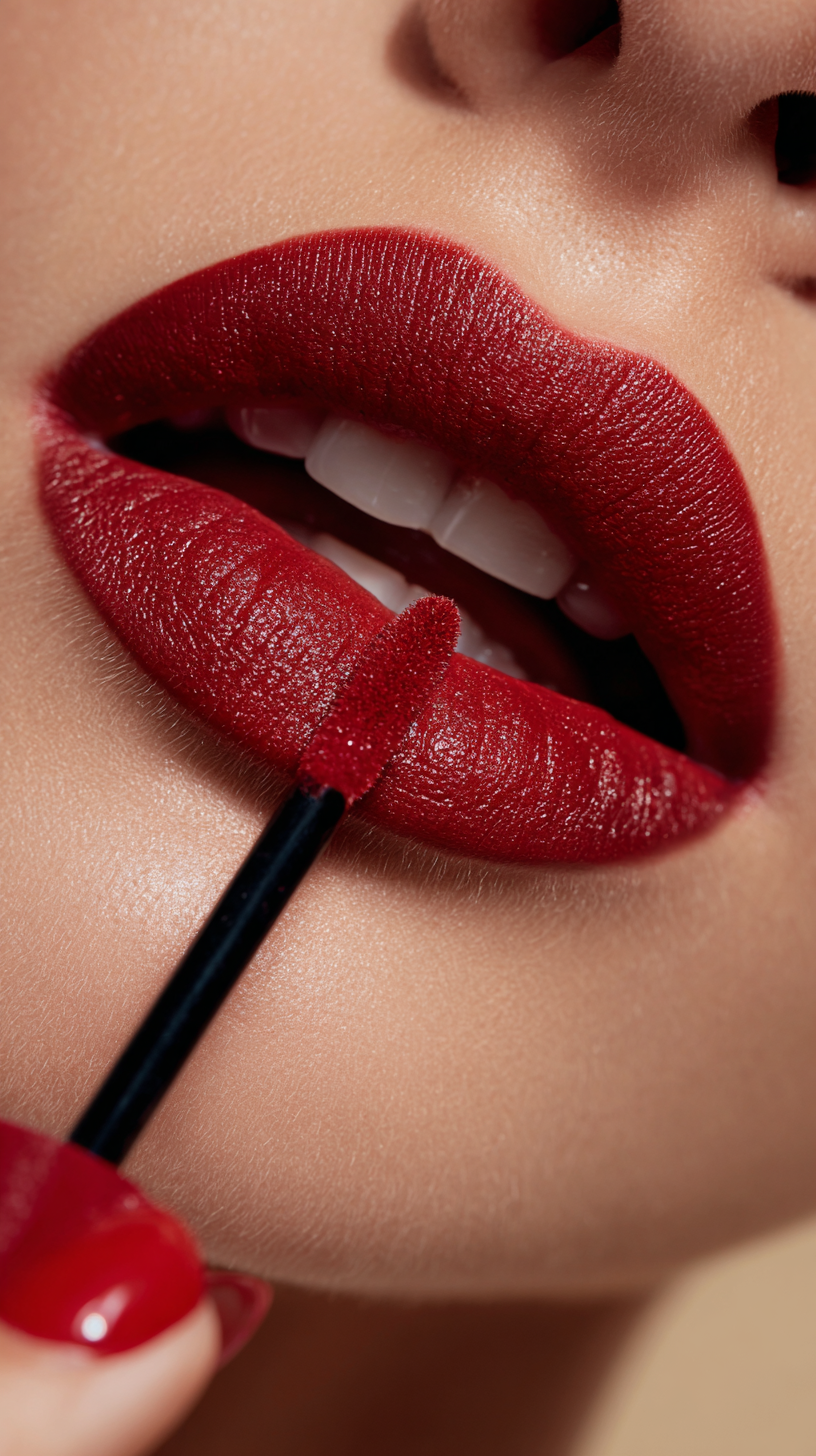 Macro Beauty Image of Applying Deep Red Liquid Lipstick