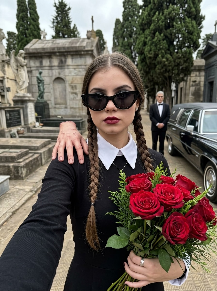 Wednesday-Inspired Gothic Cemetery Selfie output 1