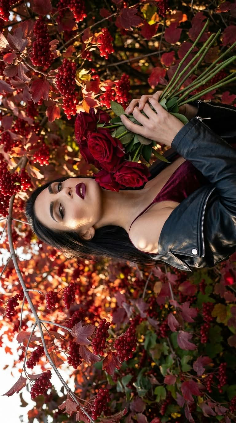 Autumn Viburnum Editorial Portrait with Crimson Roses output 2
