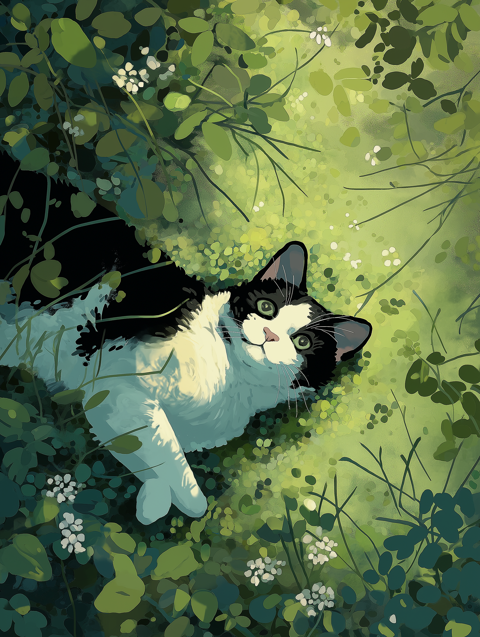 Cute Oil-Painting Illustration of a Leaf-Covered Cat