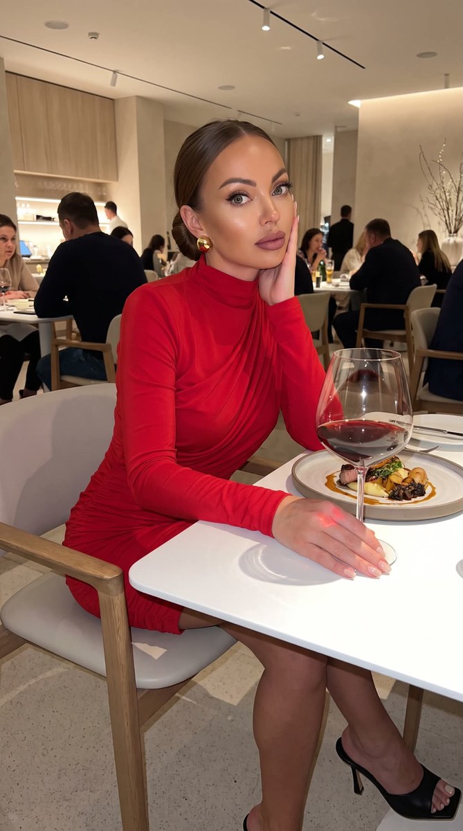 Realistic Restaurant Portrait of a Woman in a Red Dress
