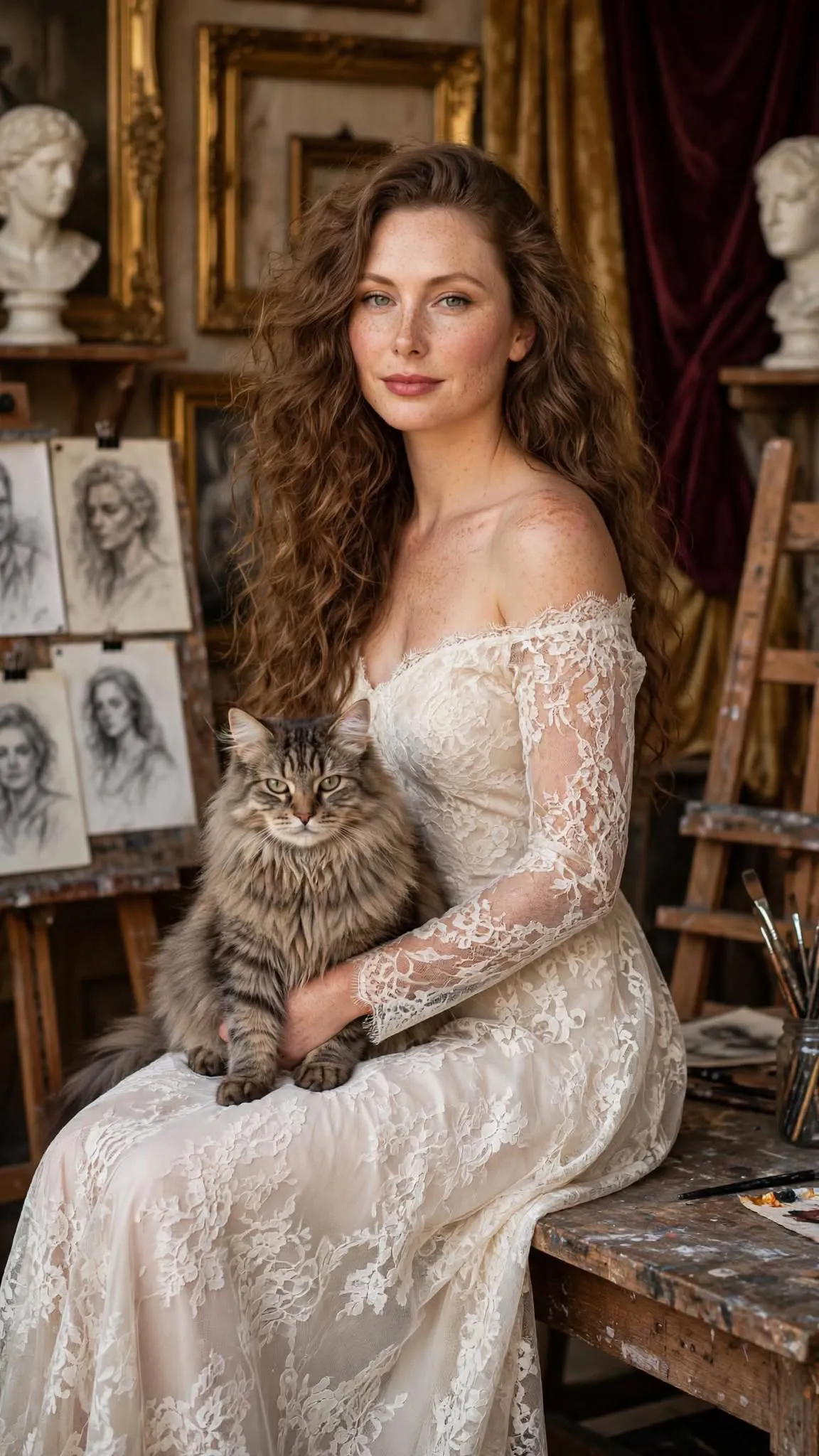 Romantic Renaissance Portrait with a Striped Cat